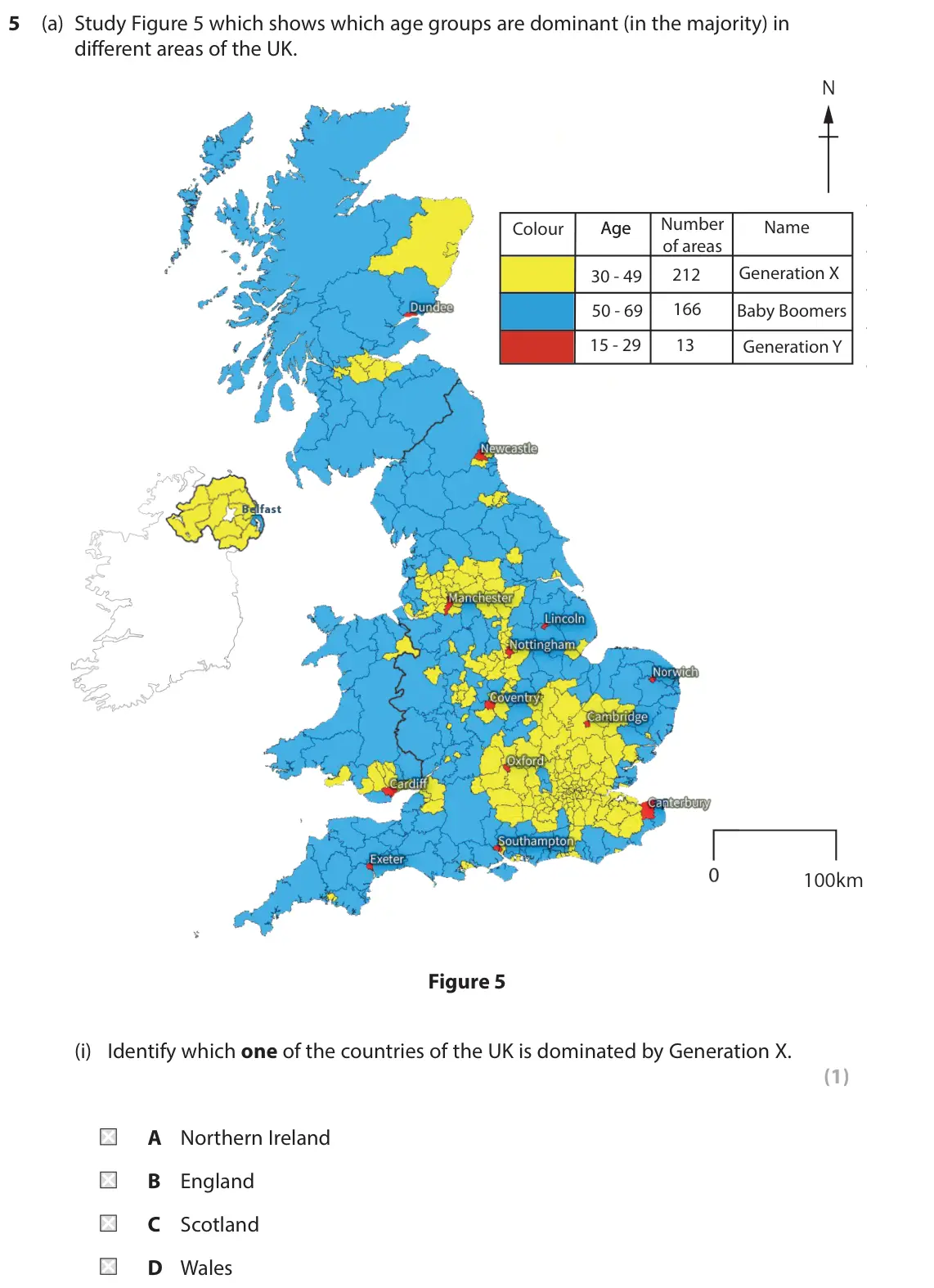 June 2019 Paper 2, question 5(a)(i): Identify which one of the countries of the UK is dominated by Generation X. (1) A Northern Ireland B England C Scotland D Wales