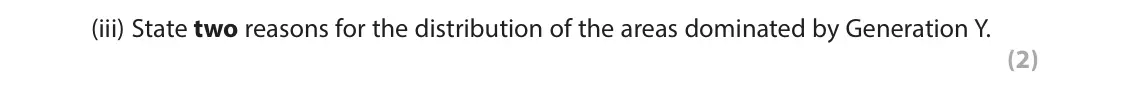June 2019 Paper 2, question 5(a)(iii): State two reasons for the distribution of the areas dominated by Generation Y. (2)