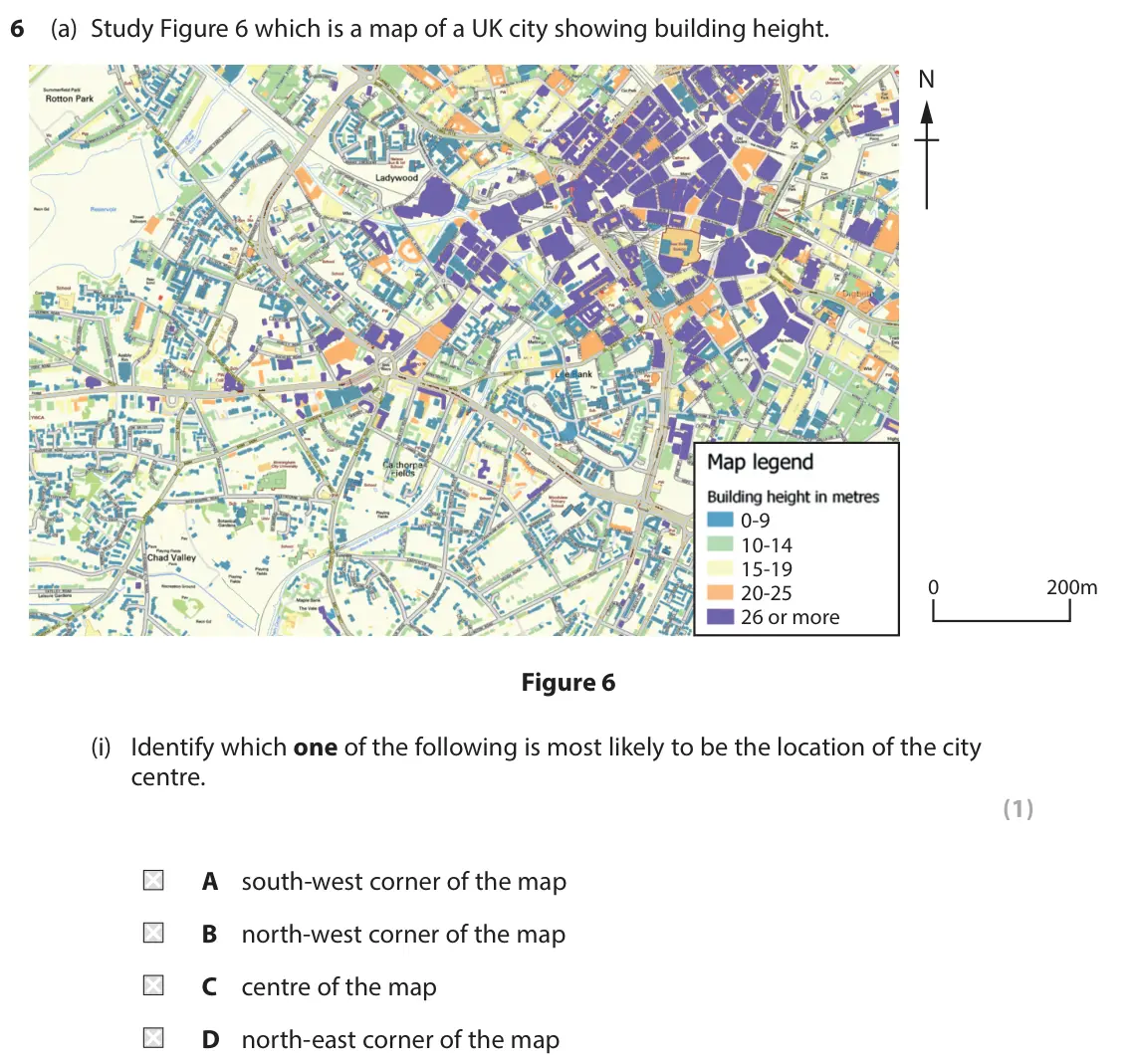 June 2019 Paper 2, question 6(a)(i): Identify which one of the following is most likely to be the location of the city centre. (1) A south-west corner of the map B north-west corner of the map C ce