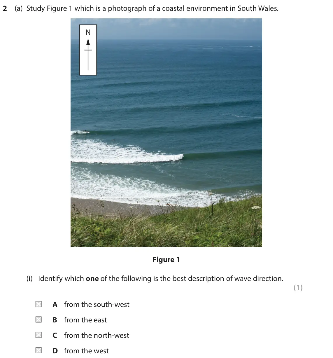June 2022 Paper 2, question 2(a)(i): Identify which one of the following is the best description of wave direction. (1) A from the south-west B from the east C from the north-west D from the west