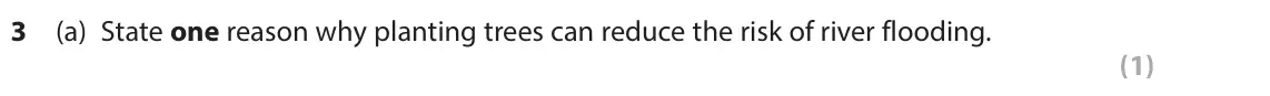 June 2022 Paper 2, question 3(a): State one reason why planting trees can reduce the risk of river flooding. (1)