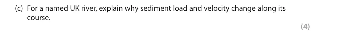June 2022 Paper 2, question 3(c): For a named UK river, explain why sediment load and velocity change along its course. (4)