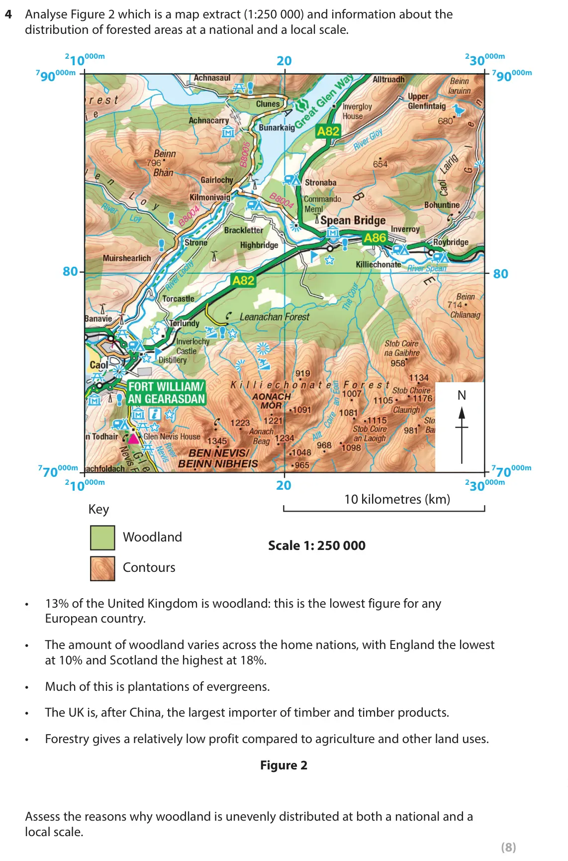 June 2022 Paper 2, question 4: Analyse Figure 2 which is a map extract (1:250 000) and information about the distribution of forested areas at a national and a local scale. 210000m 20 230000m