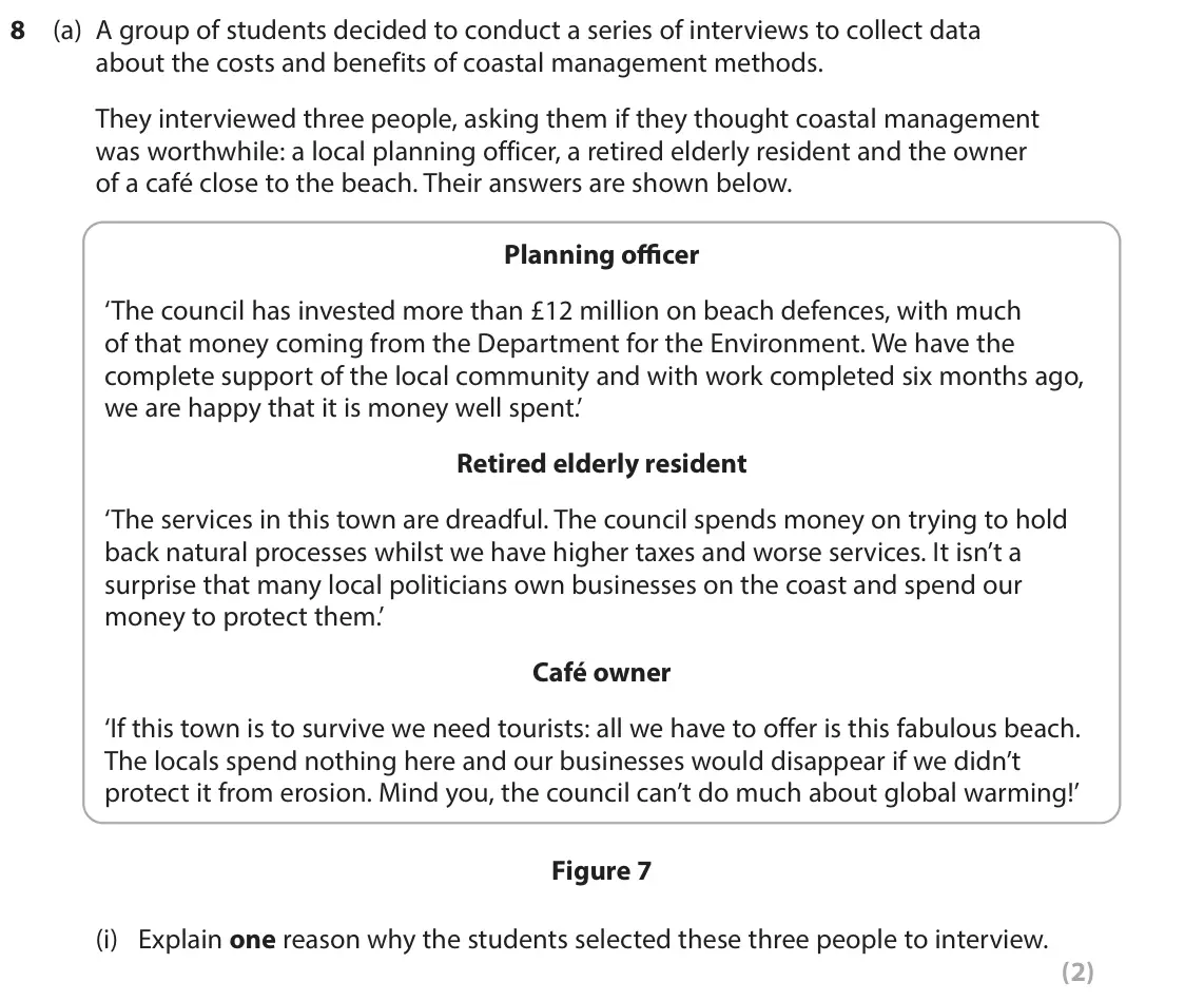 June 2022 Paper 2, question 8(a)(i): Explain one reason why the students selected these three people to interview. (2)