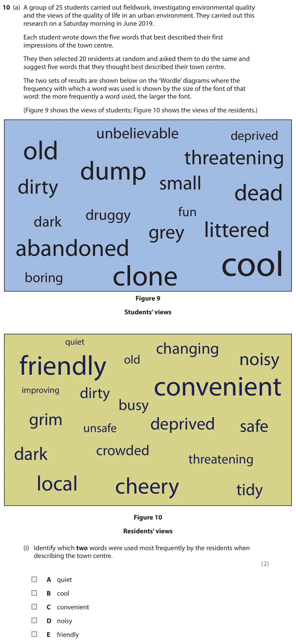 June 2022 Paper 2, question 10(a)(i): Identify which two words were used most frequently by the residents when describing the town centre. (2) A quiet B cool C convenient D noisy E friendly
