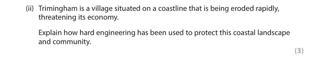 June 2024 Paper 2, question 2(a)(ii): Trimingham is a village situated on a coastline that is being eroded rapidly, threatening its economy. Explain how hard engineering has been used to protect thi