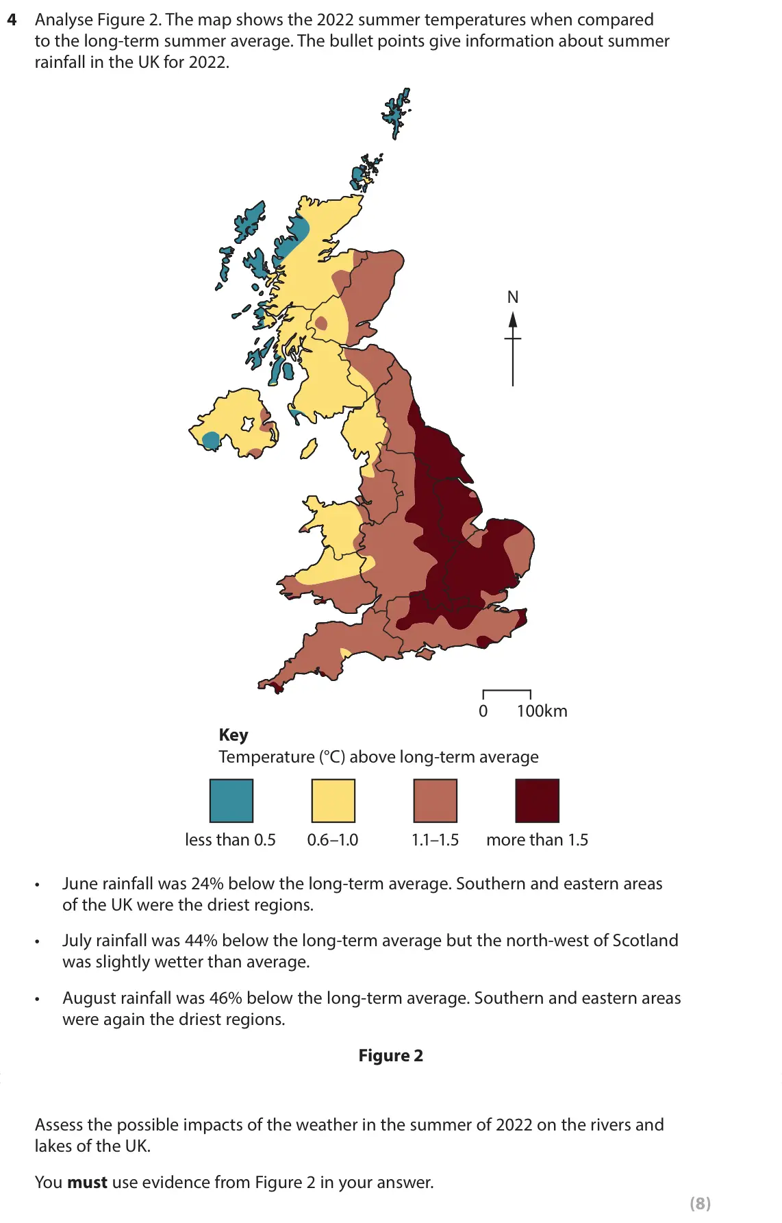 June 2024 Paper 2, question 4: Analyse Figure 2. The map shows the 2022 summer temperatures when compared to the long-term summer average. The bullet points give information about summer rain