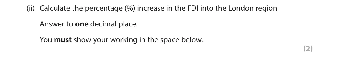 June 2024 Paper 2, question 5(a)(ii): Calculate the percentage (%) increase in the FDI into the London region Answer to one decimal place. You must show your working in the space below. (2)