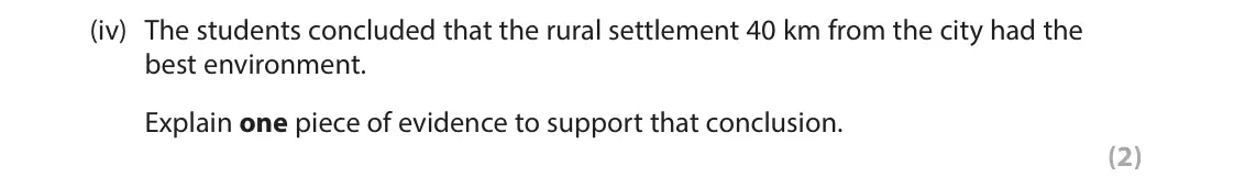 June 2024 Paper 2, question 11(a)(iv): The students concluded that the rural settlement 40 km from the city had the best environment. Explain one piece of evidence to support that conclusion. (2) 11 