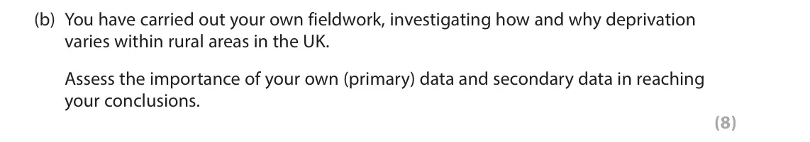 June 2024 Paper 2, question 11(b): You have carried out your own fieldwork, investigating how and why deprivation varies within rural areas in the UK. Assess the importance of your own (primary) 