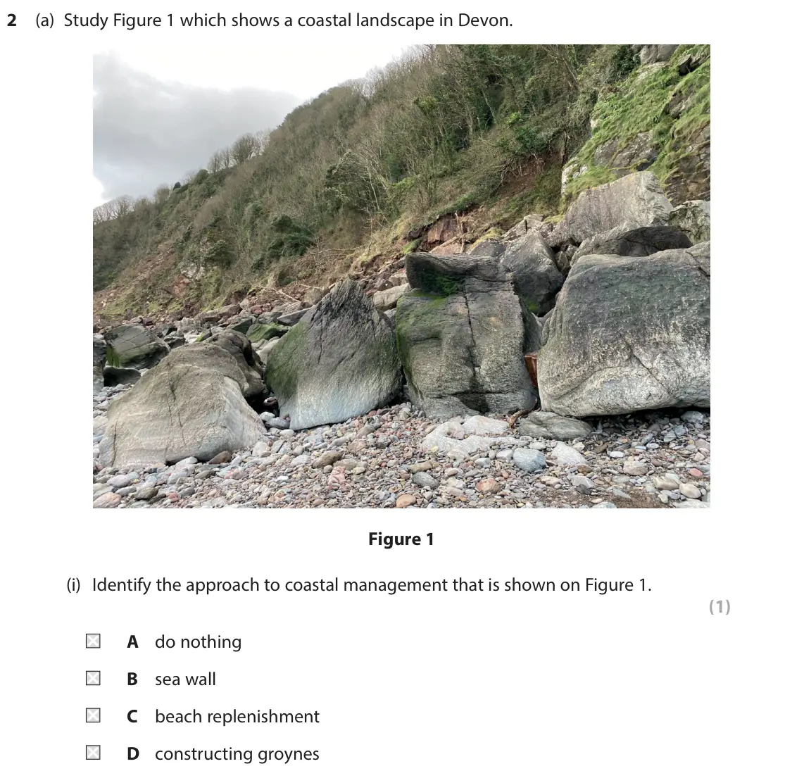 June 2025 Paper 2, question 2(a)(i): Identify the approach to coastal management that is shown on Figure 1. (1) A do nothing B sea wall C beach replenishment D constructing groynes