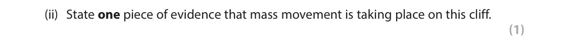 June 2025 Paper 2, question 2(a)(ii): State one piece of evidence that mass movement is taking place on this cliff. (1)