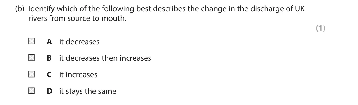 June 2025 Paper 2, question 3(b): Identify which of the following best describes the change in the discharge of UK rivers from source to mouth. (1) A it decreases B it decreases then increases C