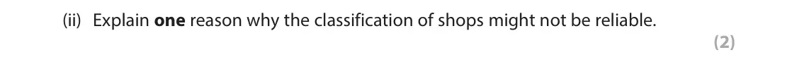June 2025 Paper 2, question 10(a)(ii): Explain one reason why the classification of shops might not be reliable. (2) 10 As part of their urban fieldwork a group of students carried out a retail land-