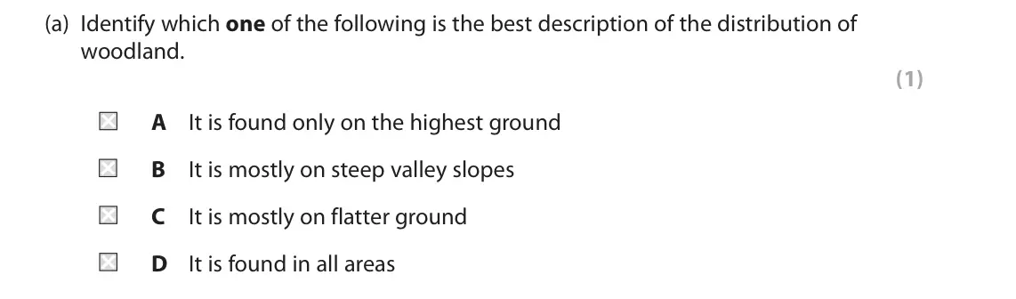 November 2020 Paper 2, question 1(a): Identify which one of the following is the best description of the distribution of woodland. (1) A It is found only on the highest ground B It is mostly on stee