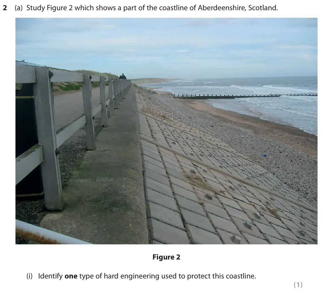 November 2020 Paper 2, question 2(a)(i): Identify one type of hard engineering used to protect this coastline. (1)