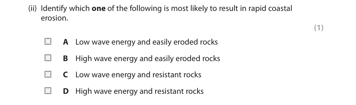 November 2020 Paper 2, question 2(a)(ii): Identify which one of the following is most likely to result in rapid coastal erosion. (1) A Low wave energy and easily eroded rocks B High wave energy and easi