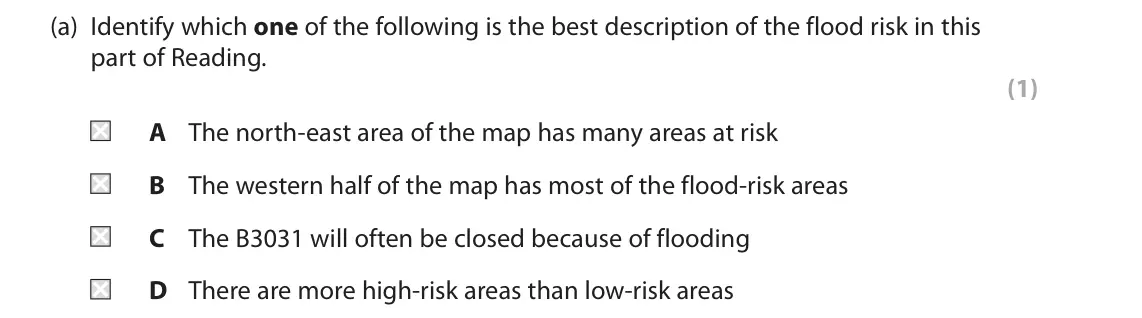 November 2020 Paper 2, question 3(a): Identify which one of the following is the best description of the flood risk in this part of Reading. (1) A The north-east area of the map has many areas at ri