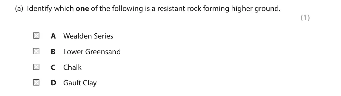 November 2021 Paper 2, question 1(a): Identify which one of the following is a resistant rock forming higher ground. (1) A Wealden Series B Lower Greensand C Chalk D Gault Clay 1 Study Figure 1, whi