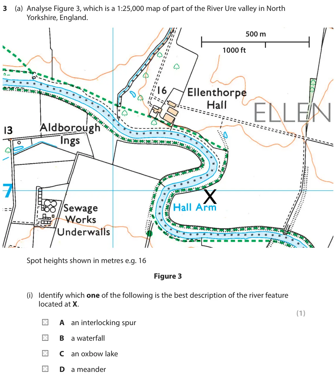 November 2021 Paper 2, question 3(a)(i): Identify which one of the following is the best description of the river feature located at X. (1) A an interlocking spur B a waterfall C an oxbow lake D a mean