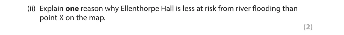 November 2021 Paper 2, question 3(a)(ii): Explain one reason why Ellenthorpe Hall is less at risk from river flooding than point X on the map. (2)