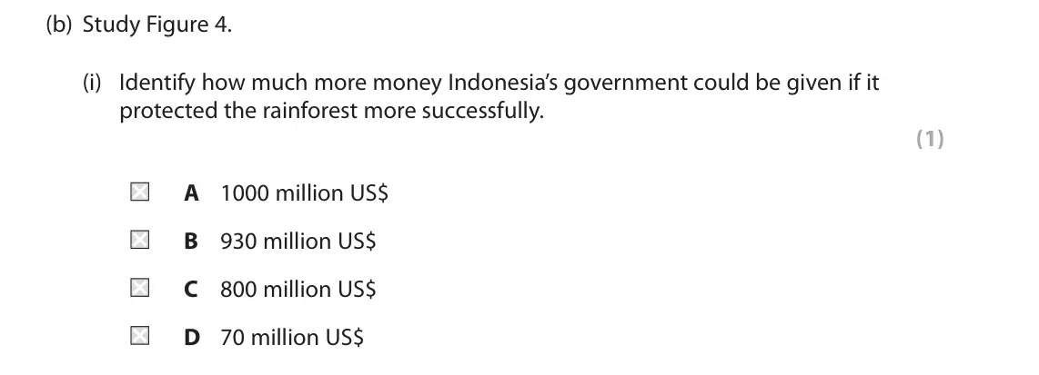June 2018 Paper 3, question 2(b)(i): Identify how much more money Indonesia’s government could be given if it protected the rainforest more successfully. (1) A 1000 million US$ B 930 million US$ C 