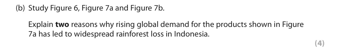 June 2018 Paper 3, question 3(b): Study Figure 6, Figure 7a and Figure 7b. Explain two reasons why rising global demand for the products shown in Figure 7a has led to widespread rainforest loss 