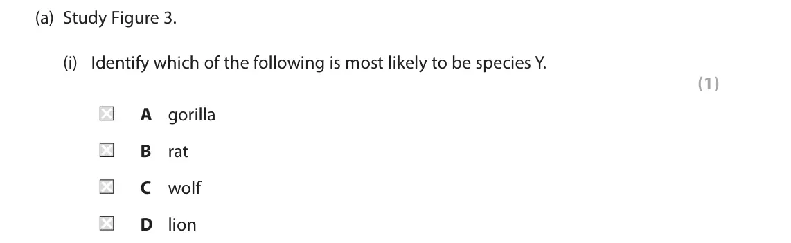 June 2019 Paper 3, question 2(a)(i): Identify which of the following is most likely to be species Y. (1) A gorilla B rat C wolf D lion 2 Use Section B (pages 5 and 6) in the Resource Booklet to ans