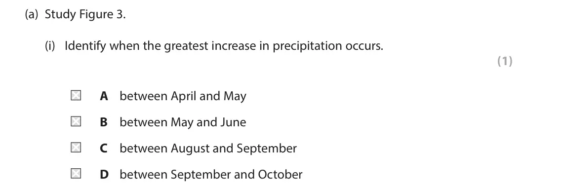 June 2022 Paper 3, question 2(a)(i): Identify when the greatest increase in precipitation occurs. (1) A between April and May B between May and June C between August and September D between Septemb