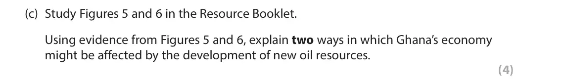 June 2022 Paper 3, question 3(c): Study Figures 5 and 6 in the Resource Booklet. Using evidence from Figures 5 and 6, explain two ways in which Ghana’s economy might be affected by the developme