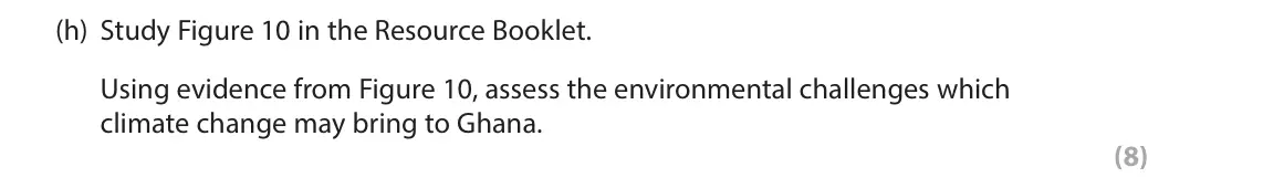 June 2022 Paper 3, question 3(h): Study Figure 10 in the Resource Booklet. Using evidence from Figure 10, assess the environmental challenges which climate change may bring to Ghana. (8) 3 Use S