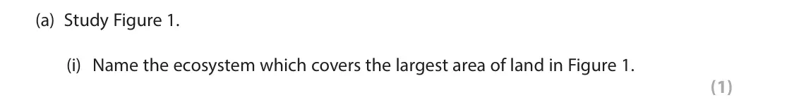 June 2023 Paper 3, question 1(a)(i): Name the ecosystem which covers the largest area of land in Figure 1. (1) 1 Use Section A (pages 2, 3 and 4) in the Resource Booklet to answer this question. SE
