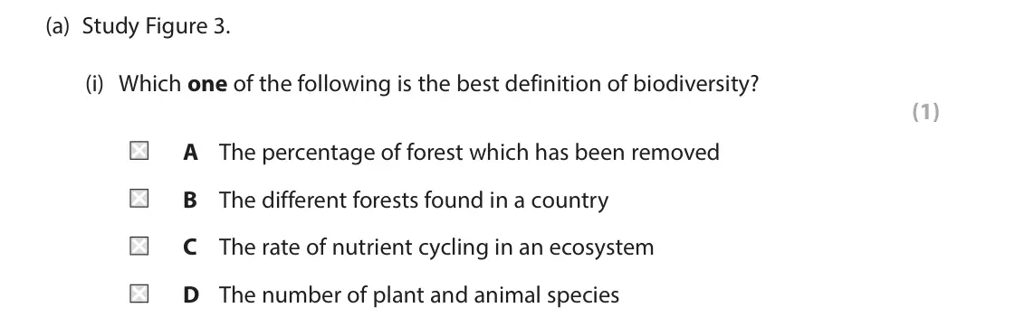 June 2023 Paper 3, question 2(a)(i): Which one of the following is the best definition of biodiversity? (1) A The percentage of forest which has been removed B The different forests found in a coun