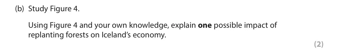 June 2023 Paper 3, question 2(b): Study Figure 4. Using Figure 4 and your own knowledge, explain one possible impact of replanting forests on Iceland’s economy. (2) 2 Use Section B (page 5) in t