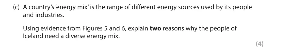 June 2023 Paper 3, question 3(c): A country’s ‘energy mix’ is the range of different energy sources used by its people and industries. Using evidence from Figures 5 and 6, explain two reasons wh