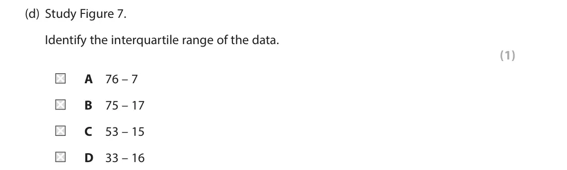 June 2023 Paper 3, question 3(d): Study Figure 7. Identify the interquartile range of the data. (1) A 76 – 7 B 75 – 17 C 53 – 15 D 33 – 16 3 Use Section C (pages 6 to 10) in the Resource Booklet