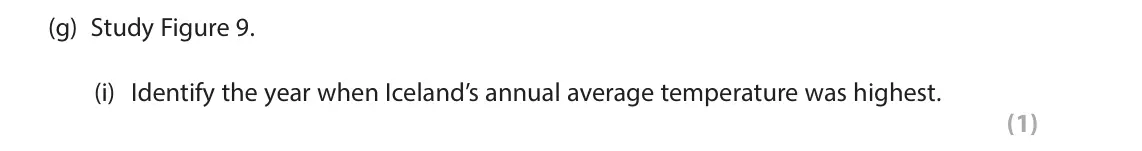June 2023 Paper 3, question 3(g)(i): Identify the year when Iceland’s annual average temperature was highest. (1) 3 Use Section C (pages 6 to 10) in the Resource Booklet to answer this question. SE