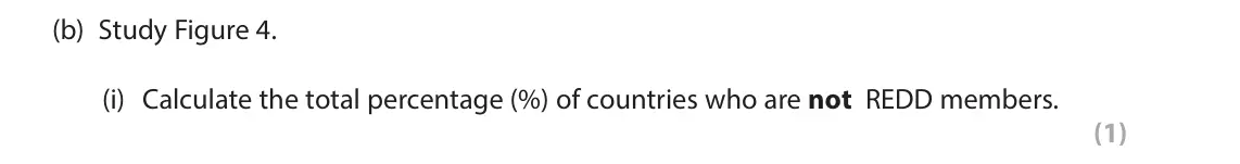 June 2024 Paper 3, question 2(b)(i): Calculate the total percentage (%) of countries who are not REDD members. (1) 2 Use Section B (page 5 and page 6) in the Resource Booklet to answer this questio