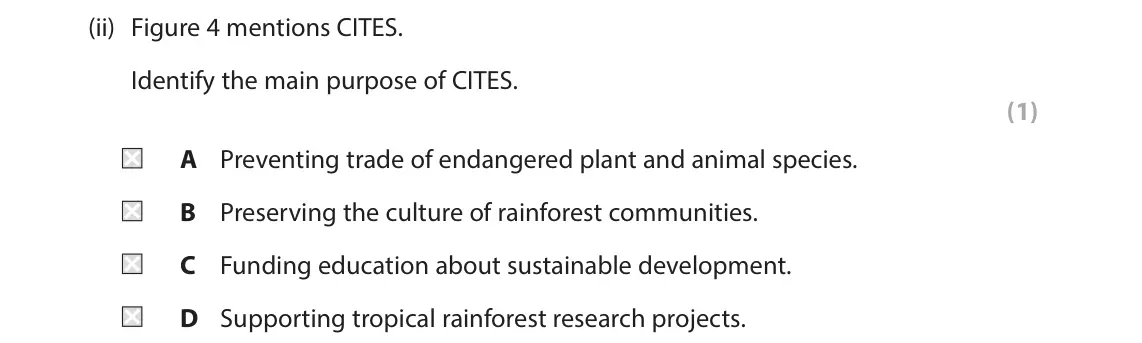 June 2024 Paper 3, question 2(b)(ii): Figure 4 mentions CITES. Identify the main purpose of CITES. (1) A Preventing trade of endangered plant and animal species. B Preserving the culture of rainfore