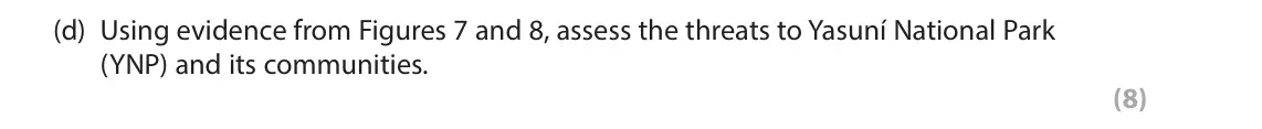 June 2024 Paper 3, question 3(d): Using evidence from Figures 7 and 8, assess the threats to Yasuní National Park (YNP) and its communities. (8) 3 Use Section C (pages 7 to 12) in the Resource B