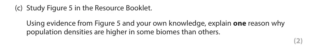 June 2025 Paper 3, question 2(c): Study Figure 5 in the Resource Booklet. Using evidence from Figure 5 and your own knowledge, explain one reason why population densities are higher in some biom