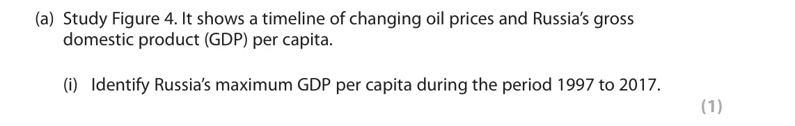 November 2020 Paper 3, question 3(a)(i): Identify Russia’s maximum GDP per capita during the period 1997 to 2017. (1) 3 Use Section C (pages 6–11) in the Resource Booklet to answer this question. SECTI
