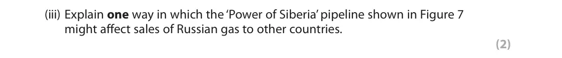 November 2020 Paper 3, question 3(b)(iii): Explain one way in which the ‘Power of Siberia’ pipeline shown in Figure 7 might affect sales of Russian gas to other countries. (2) 3 Use Section C (pages 6–11