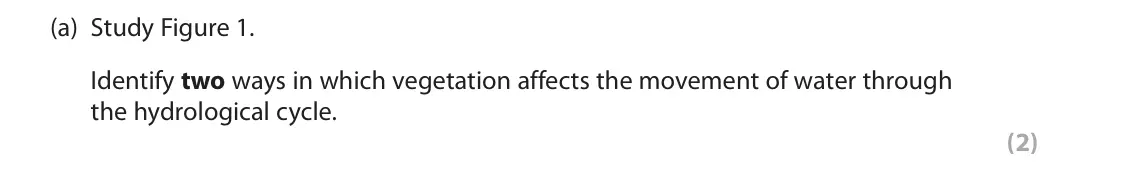 November 2021 Paper 3, question 1(a): Study Figure 1. Identify two ways in which vegetation affects the movement of water through the hydrological cycle. (2) 1 Read Section A (pages 2 and 3) of the 