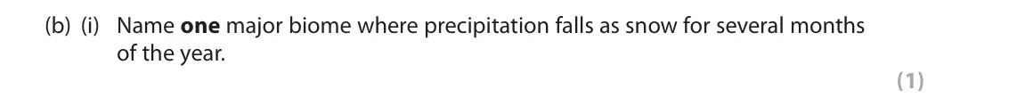 November 2021 Paper 3, question 1(b)(i): Name one major biome where precipitation falls as snow for several months of the year. (1) 1 Read Section A (pages 2 and 3) of the Resource Booklet before answe