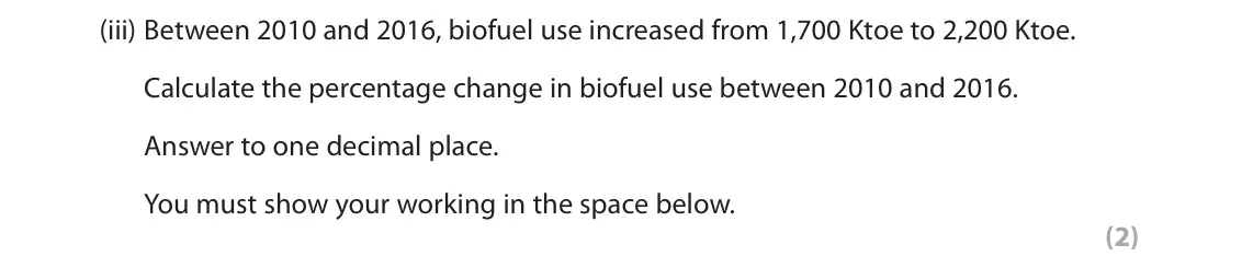 November 2021 Paper 3, question 3(a)(iii): Between 2010 and 2016, biofuel use increased from 1,700 Ktoe to 2,200 Ktoe. Calculate the percentage change in biofuel use between 2010 and 2016. Answer to one 