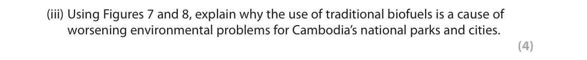 November 2021 Paper 3, question 3(b)(iii): Using Figures 7 and 8, explain why the use of traditional biofuels is a cause of worsening environmental problems for Cambodia’s national parks and cities. (4) 