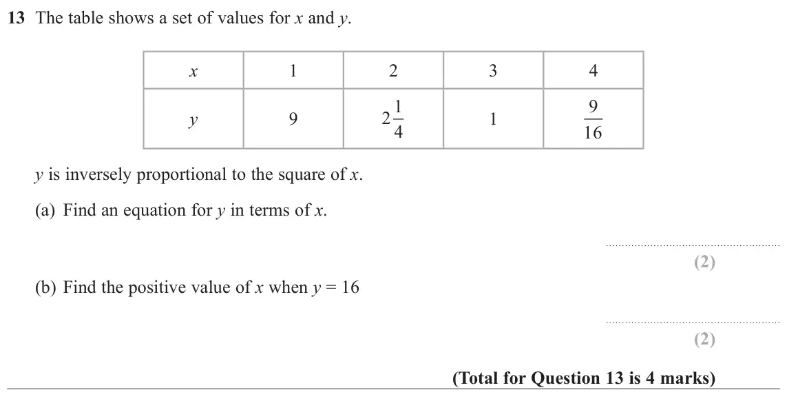 June 2017 Paper 1H, question 13: The table shows a set of values for x and y. x 1 2 3 4 2 1 9 y 9 1 4 16 y is inversely proportional to the square of x. (a) Find an equation for y in terms of x
