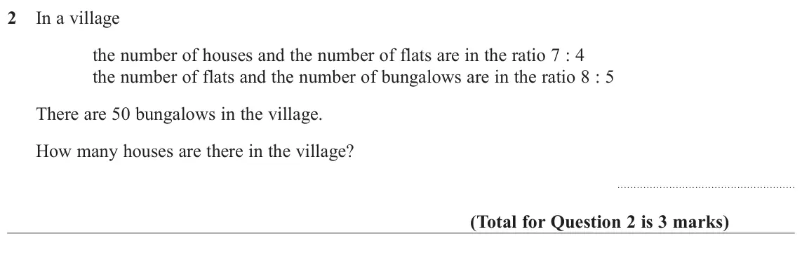 June 2018 Paper 1H, question 2: In a village the number of houses and the number of flats are in the ratio 7 : 4 the number of flats and the number of bungalows are in the ratio 8 : 5 There ar