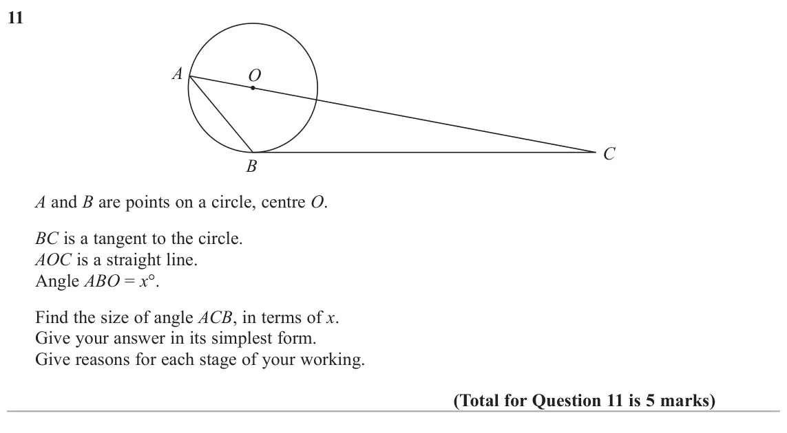 June 2018 Paper 1H, question 11: A O C B A and B are points on a circle, centre O. BC is a tangent to the circle. AOC is a straight line. Angle ABO = x°. Find the size of angle ACB, in terms of